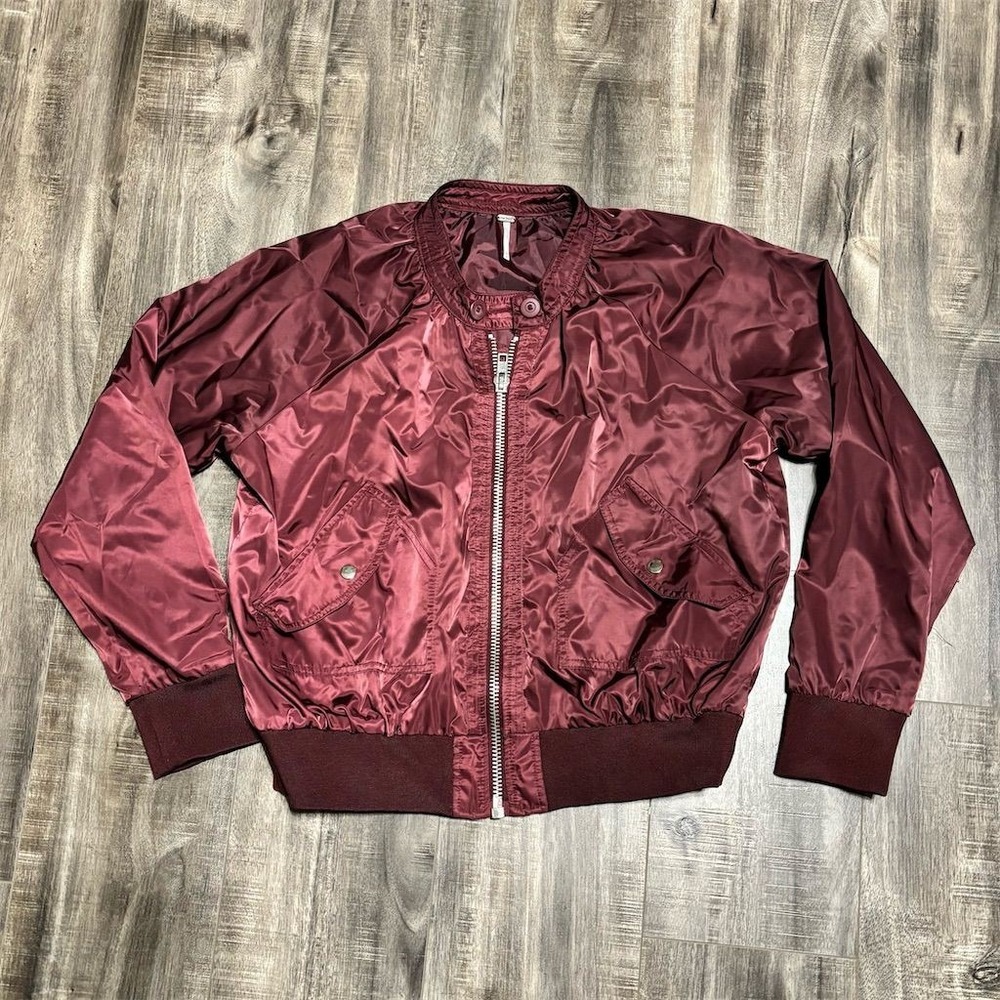 Free People Women's Maroon Bomber Jacket Size M Full Zip Pockets‎